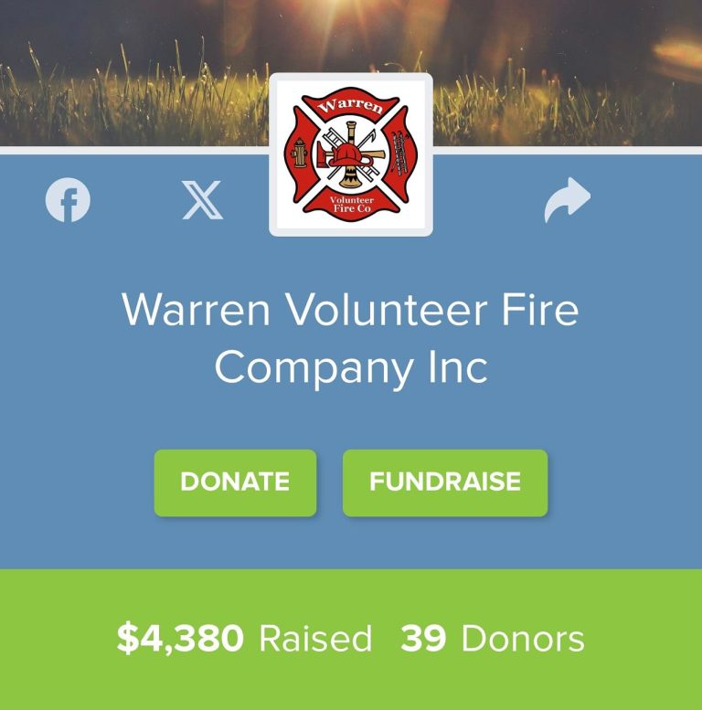 A fundraising page for Warren Volunteer Fire Company Inc. displays $4,380 raised from 39 donors, with "Donate" and "Fundraise" green buttons, and the fire company’s red logo at the top. Social media icons are also visible.