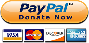 A button labeled "PayPal Donate Now" is shown above logos for Visa, MasterCard, Discover Network, and American Express credit cards.